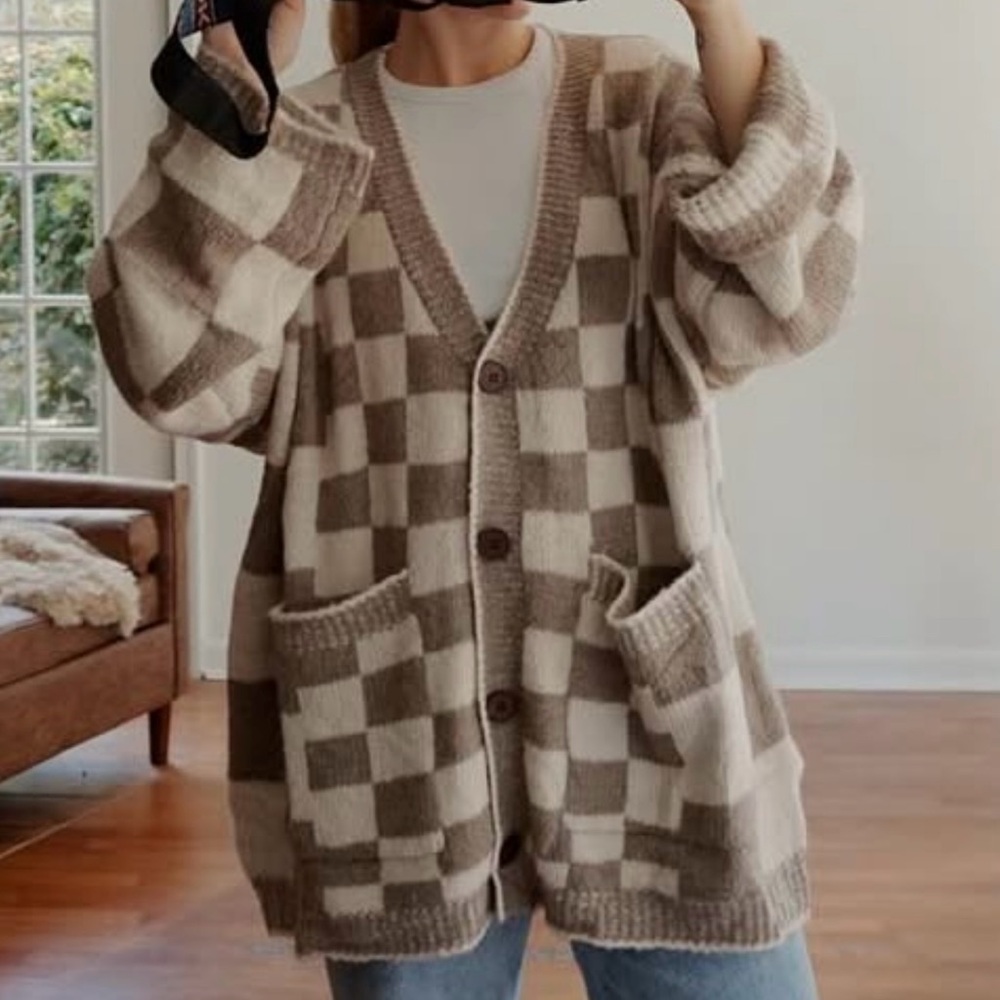 Checkered Knit Cardigan Sweater